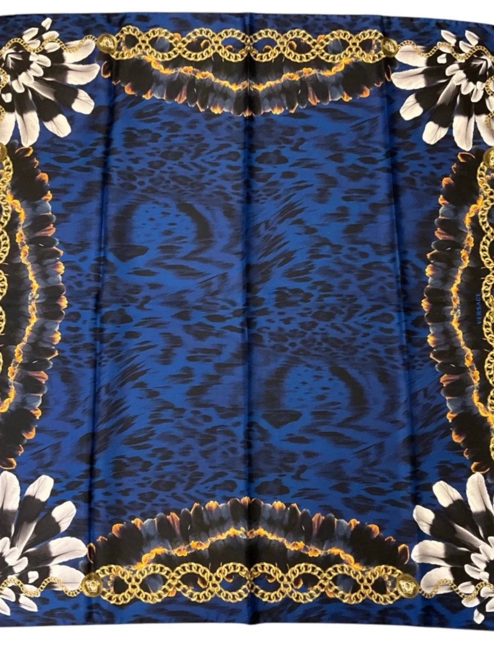 VERSACE BLUE / GOLD MULTI LEOPARD, FEATHER, AND MEDUSA MEDALLION CHAIN PRINT SQU